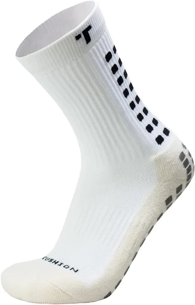 3.0 Cushioned Grip Socks, Made in the USA, Non Slip Grippy Soccer Crew Socks for Men & Women with Grip Inside and Out for Football and Soccer, White, Medium