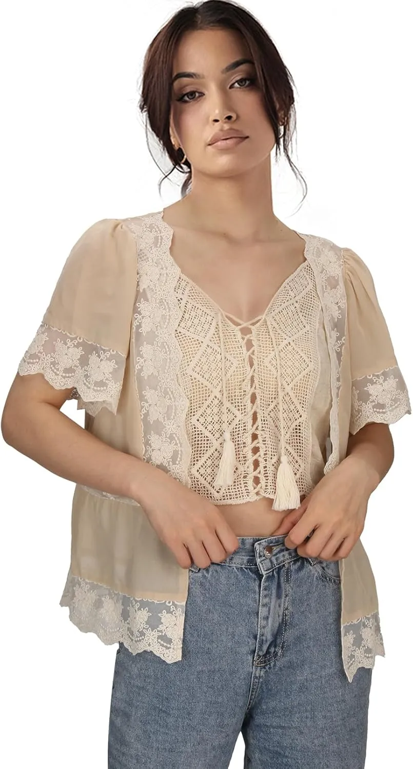 Adult Women Daisy Lace Bohemian Cardigan Summer Floral Fringe Ruffle Short Sleeve Kimono Crochet Sheer Shrug Crop Top
