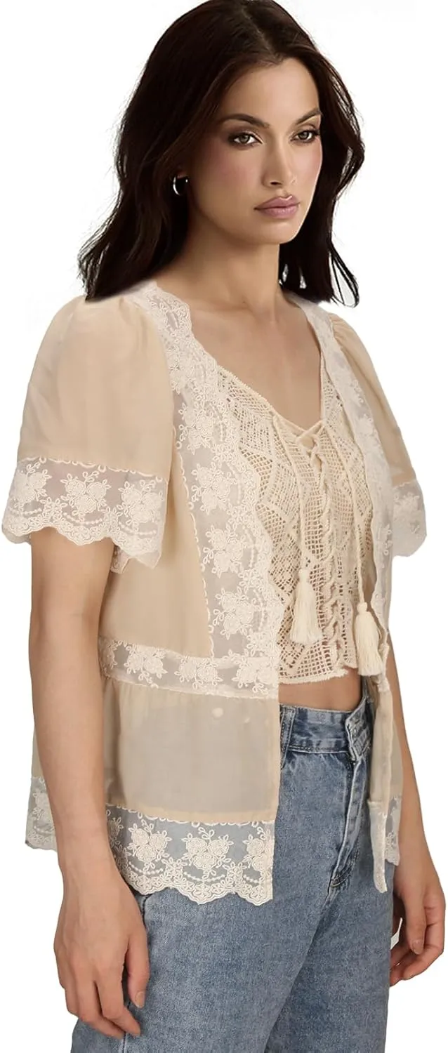 Adult Women Daisy Lace Bohemian Cardigan Summer Floral Fringe Ruffle Short Sleeve Kimono Crochet Sheer Shrug Crop Top