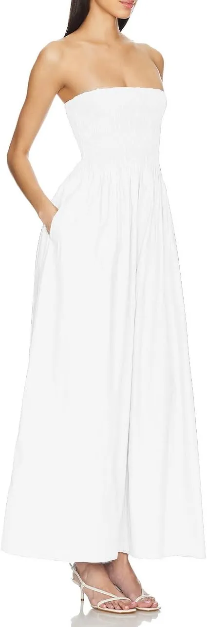 Aigeman Women Detachable Strap Dress Strapless Smocked Bodice Maxi Dress Pockets Long Swing Flowy Beach Sundress 373