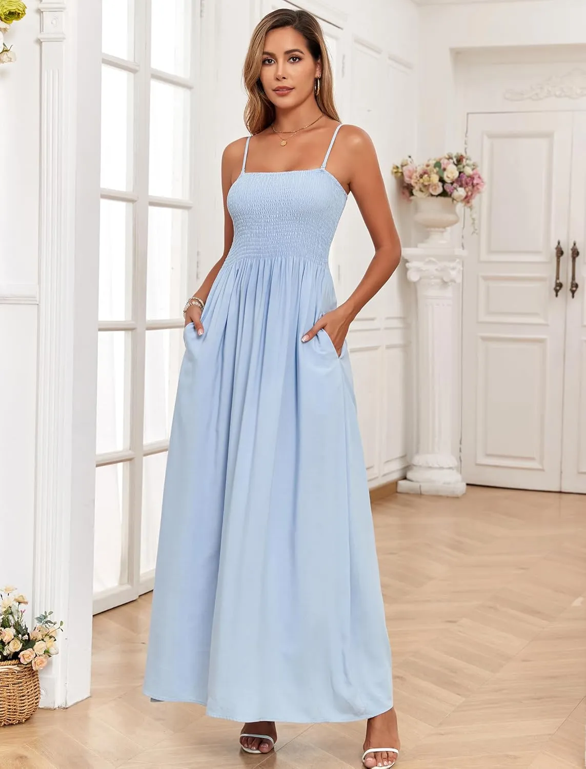 Aigeman Women Detachable Strap Dress Strapless Smocked Bodice Maxi Dress Pockets Long Swing Flowy Beach Sundress 373