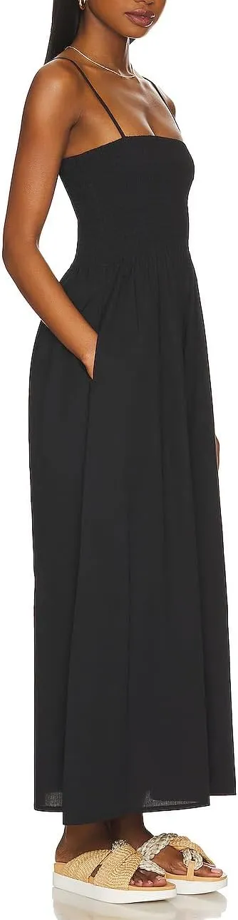 Aigeman Women Detachable Strap Dress Strapless Smocked Bodice Maxi Dress Pockets Long Swing Flowy Beach Sundress 373