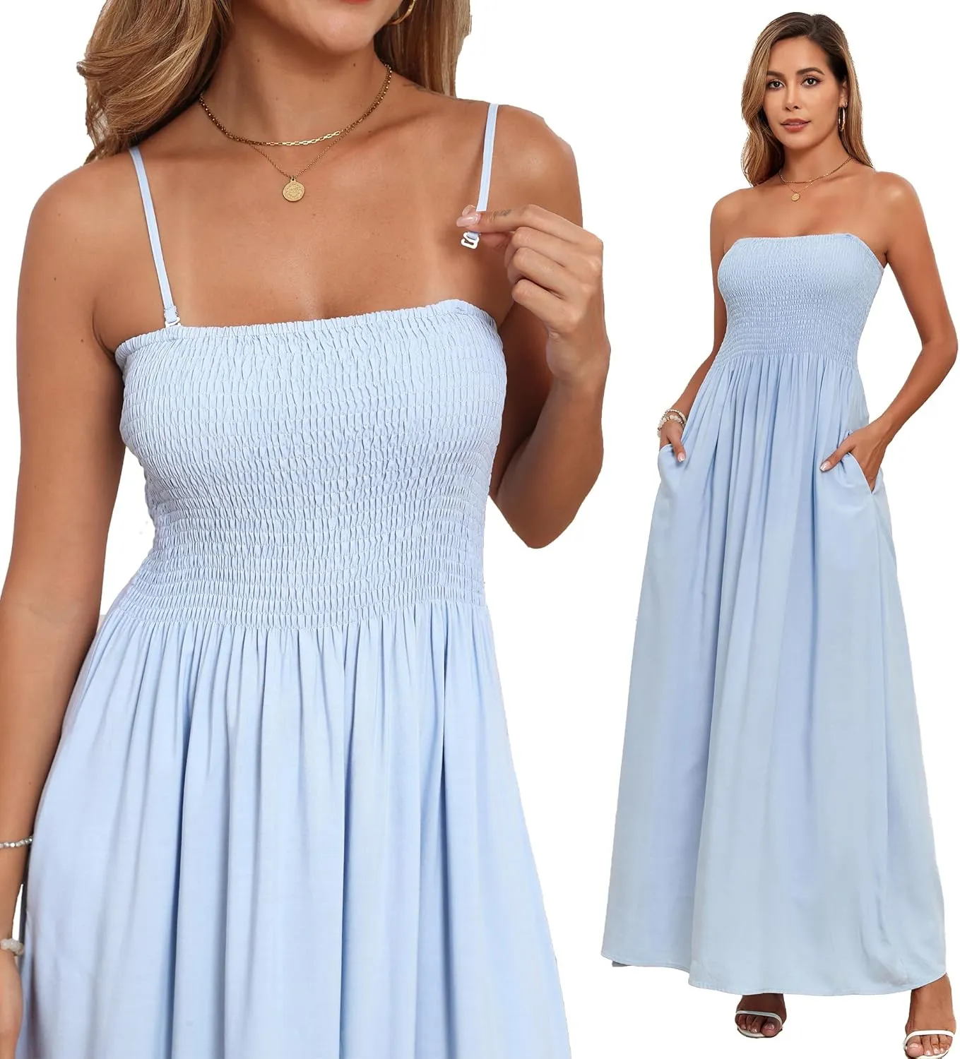 Aigeman Women Detachable Strap Dress Strapless Smocked Bodice Maxi Dress Pockets Long Swing Flowy Beach Sundress 373