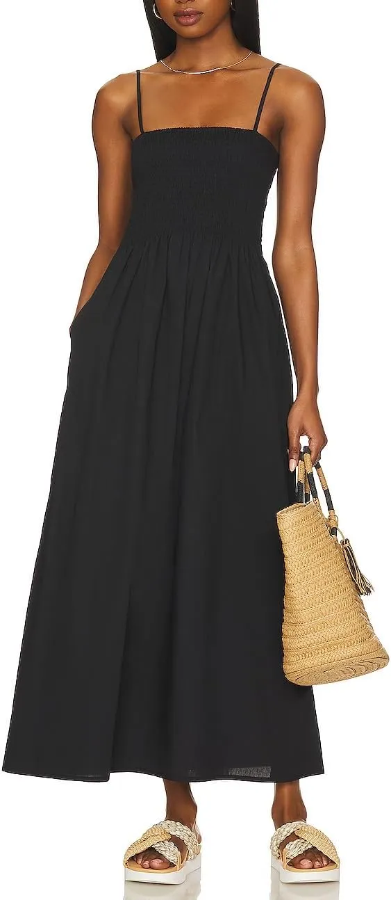Aigeman Women Detachable Strap Dress Strapless Smocked Bodice Maxi Dress Pockets Long Swing Flowy Beach Sundress 373
