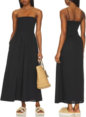 Aigeman Women Detachable Strap Dress Strapless Smocked Bodice Maxi Dress Pockets Long Swing Flowy Beach Sundress 373