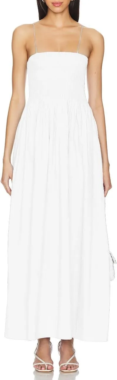 Aigeman Women Detachable Strap Dress Strapless Smocked Bodice Maxi Dress Pockets Long Swing Flowy Beach Sundress 373