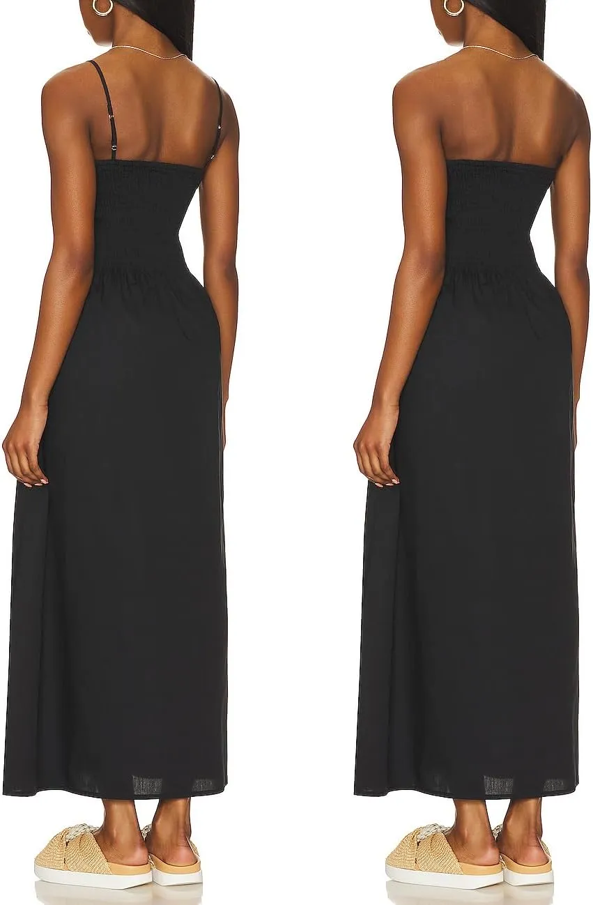 Aigeman Women Detachable Strap Dress Strapless Smocked Bodice Maxi Dress Pockets Long Swing Flowy Beach Sundress 373