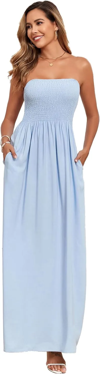Aigeman Women Detachable Strap Dress Strapless Smocked Bodice Maxi Dress Pockets Long Swing Flowy Beach Sundress 373