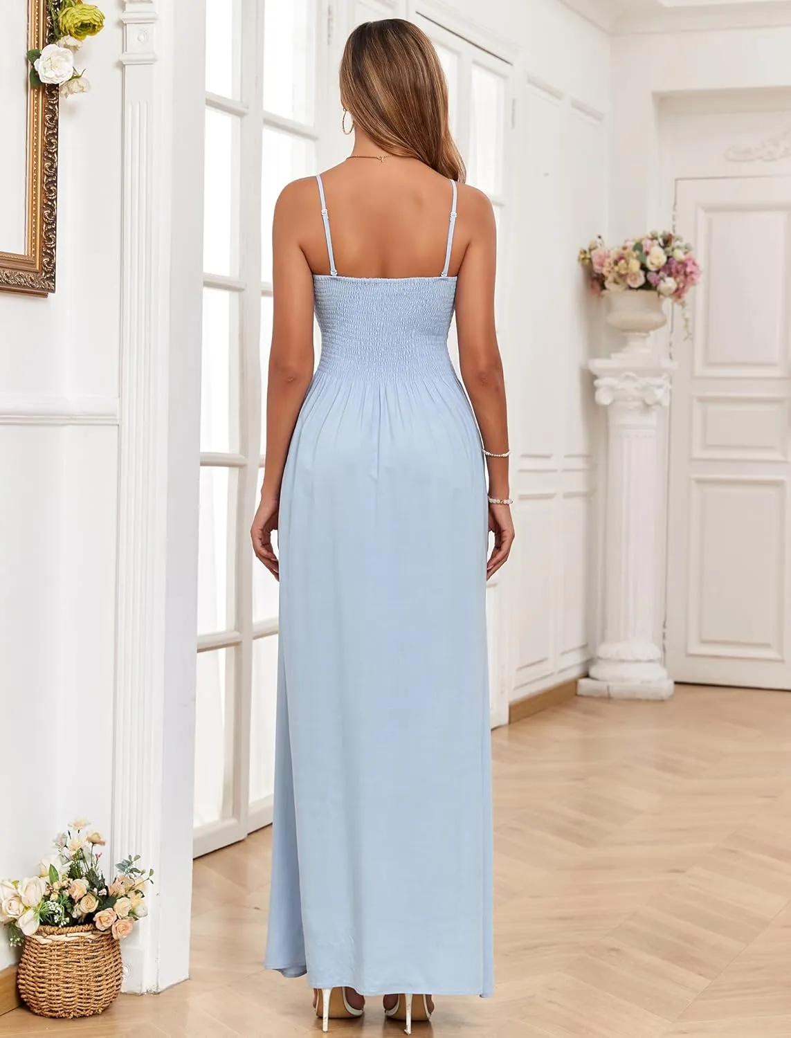 Aigeman Women Detachable Strap Dress Strapless Smocked Bodice Maxi Dress Pockets Long Swing Flowy Beach Sundress 373