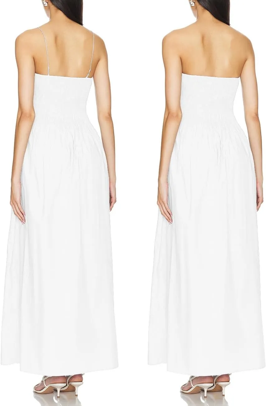 Aigeman Women Detachable Strap Dress Strapless Smocked Bodice Maxi Dress Pockets Long Swing Flowy Beach Sundress 373