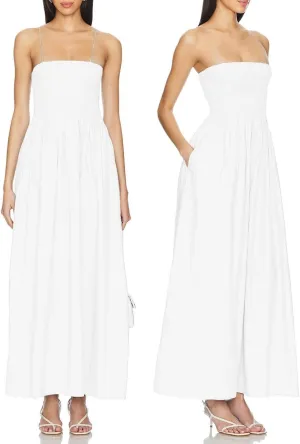 Aigeman Women Detachable Strap Dress Strapless Smocked Bodice Maxi Dress Pockets Long Swing Flowy Beach Sundress 373