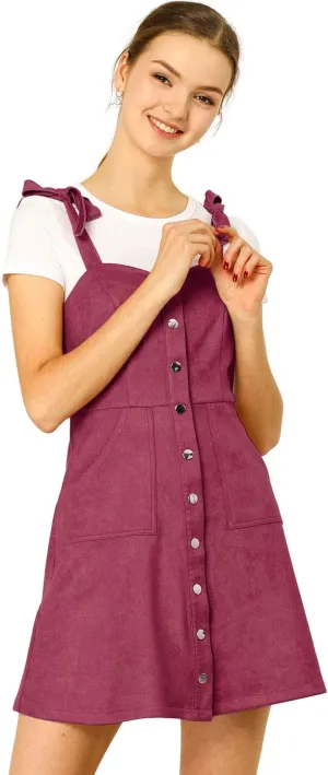 Allegra K Women's Casual Overall Dress Button Down Pockets Sleeveless Faux Suede Pinafore Dress