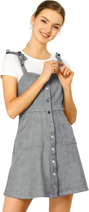 Allegra K Women's Casual Overall Dress Button Down Pockets Sleeveless Faux Suede Pinafore Dress