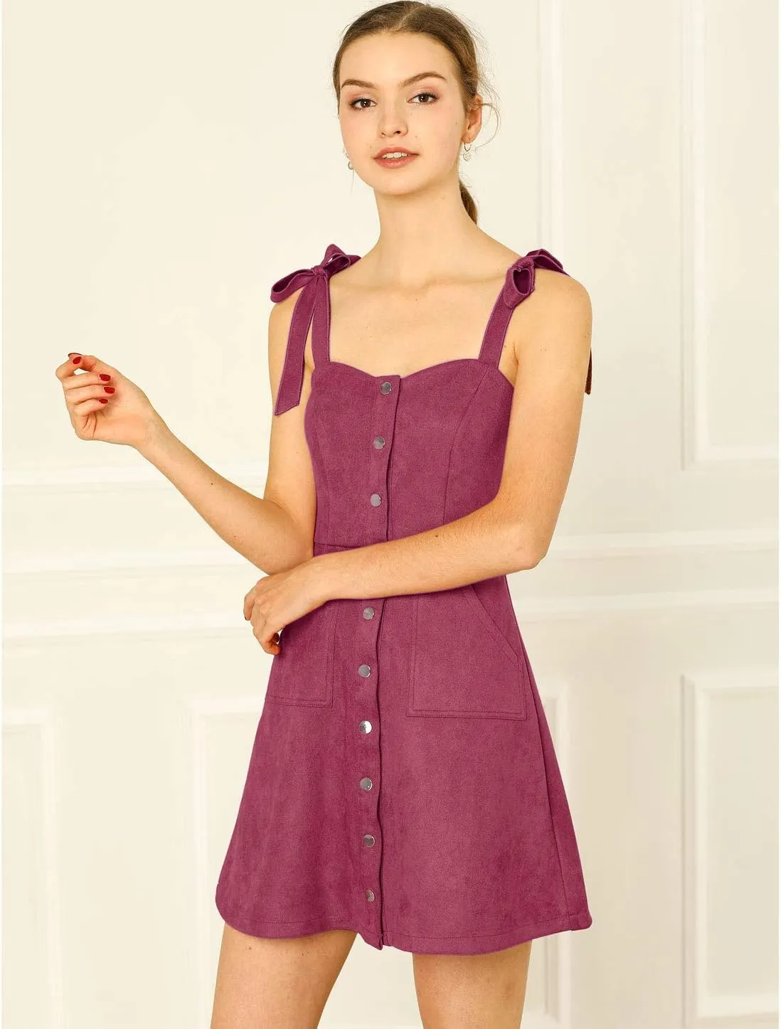 Allegra K Women's Casual Overall Dress Button Down Pockets Sleeveless Faux Suede Pinafore Dress