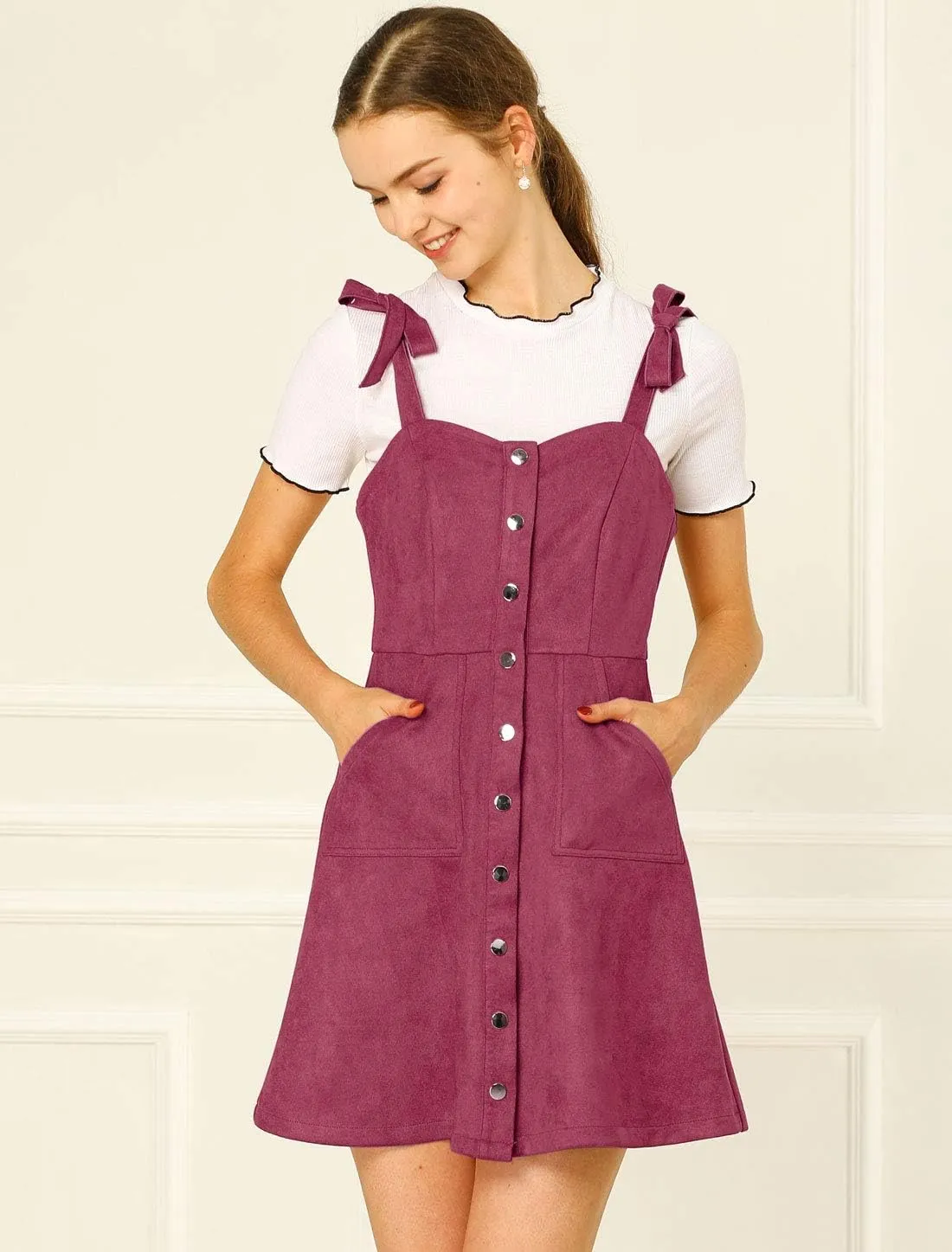 Allegra K Women's Casual Overall Dress Button Down Pockets Sleeveless Faux Suede Pinafore Dress