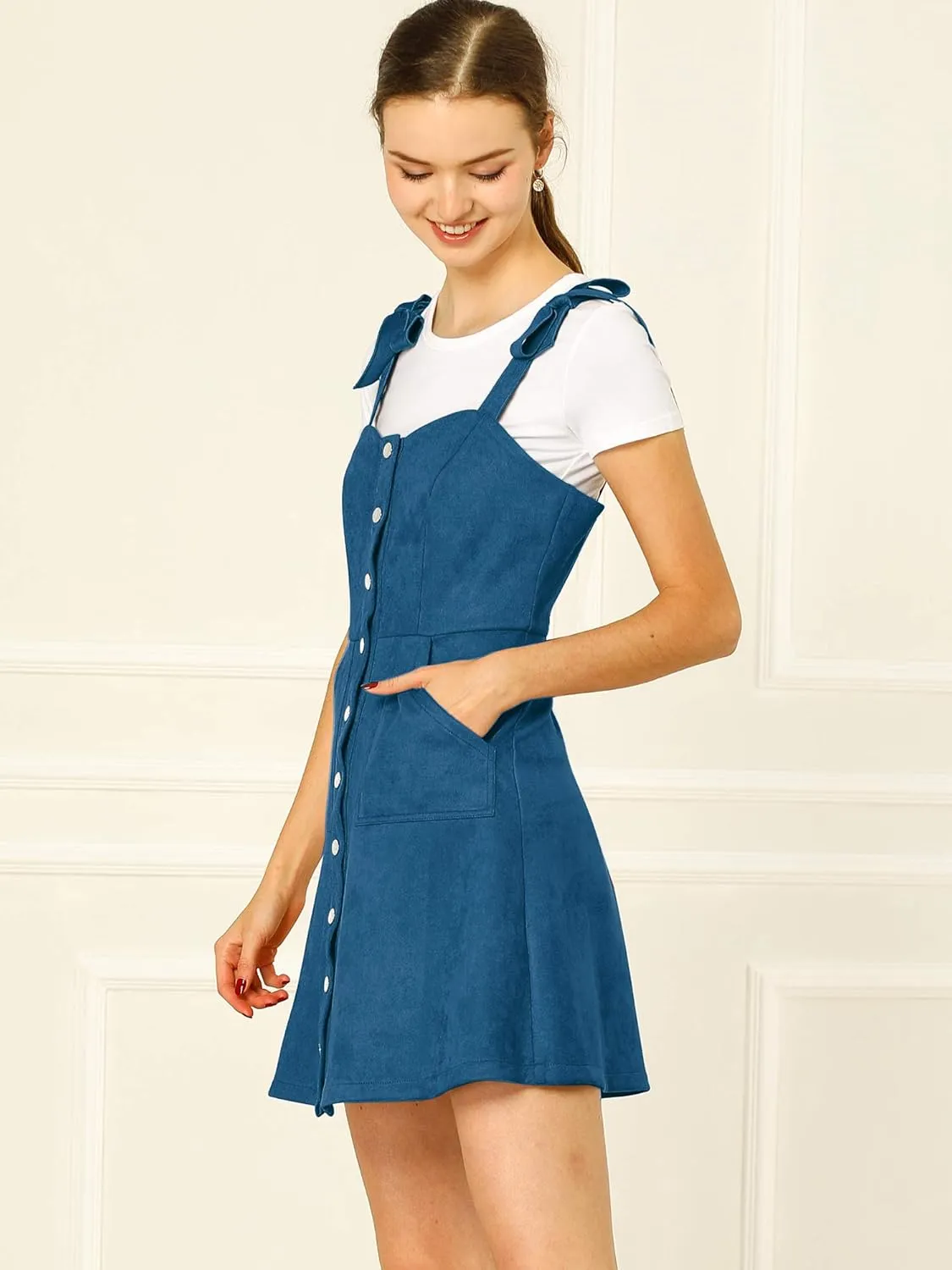 Allegra K Women's Casual Overall Dress Button Down Pockets Sleeveless Faux Suede Pinafore Dress