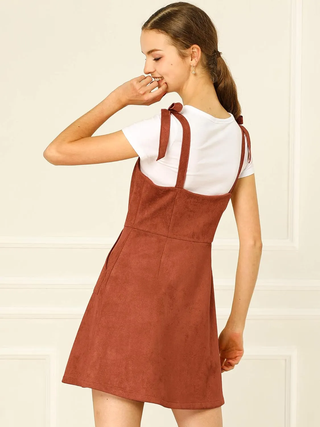 Allegra K Women's Casual Overall Dress Button Down Pockets Sleeveless Faux Suede Pinafore Dress