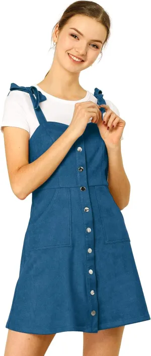 Allegra K Women's Casual Overall Dress Button Down Pockets Sleeveless Faux Suede Pinafore Dress
