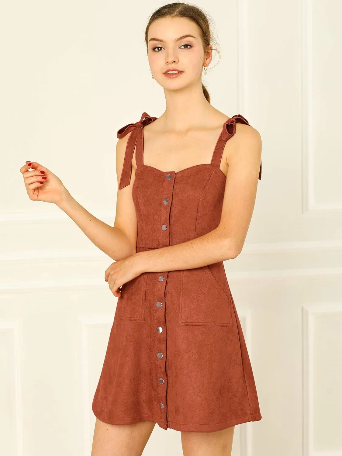 Allegra K Women's Casual Overall Dress Button Down Pockets Sleeveless Faux Suede Pinafore Dress