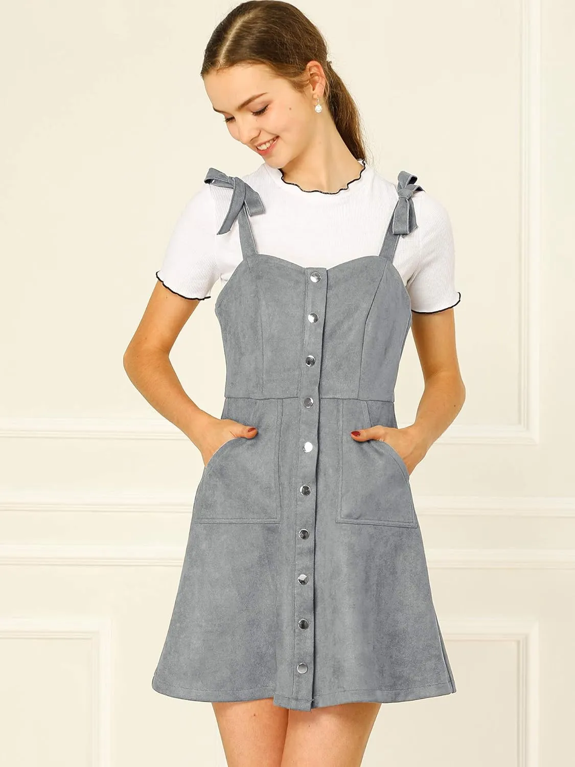 Allegra K Women's Casual Overall Dress Button Down Pockets Sleeveless Faux Suede Pinafore Dress