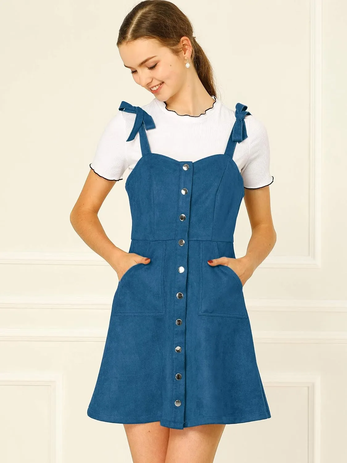 Allegra K Women's Casual Overall Dress Button Down Pockets Sleeveless Faux Suede Pinafore Dress
