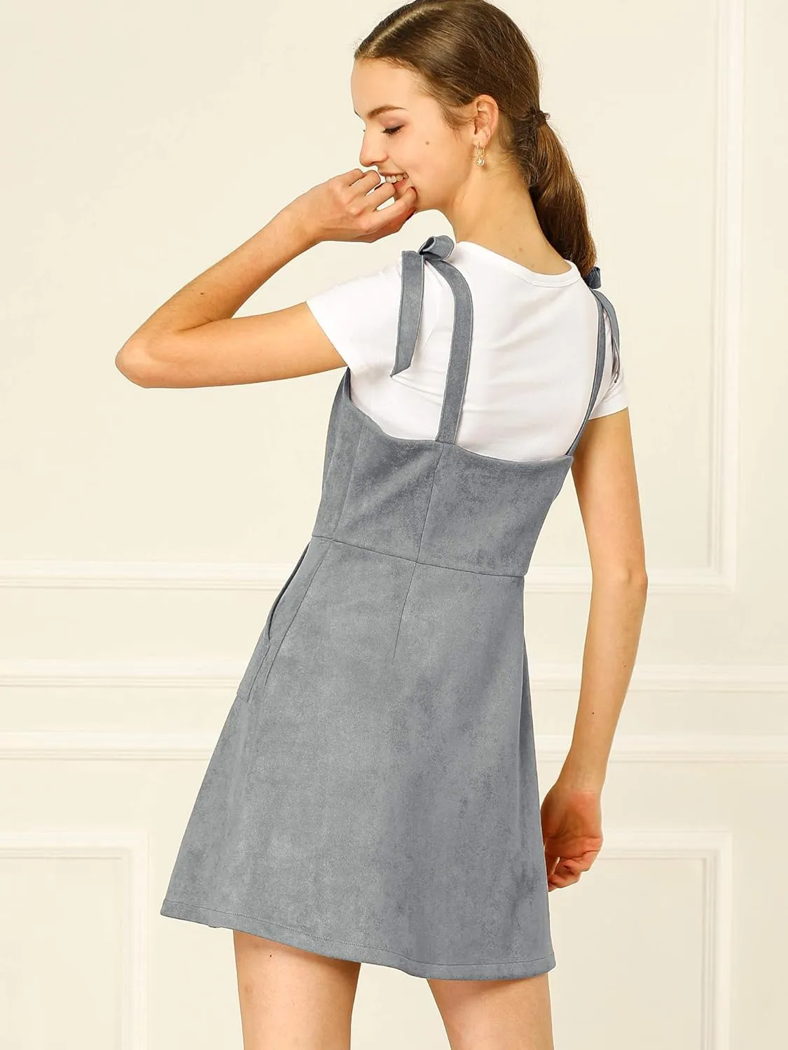 Allegra K Women's Casual Overall Dress Button Down Pockets Sleeveless Faux Suede Pinafore Dress