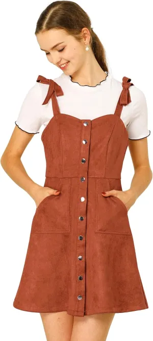 Allegra K Women's Casual Overall Dress Button Down Pockets Sleeveless Faux Suede Pinafore Dress