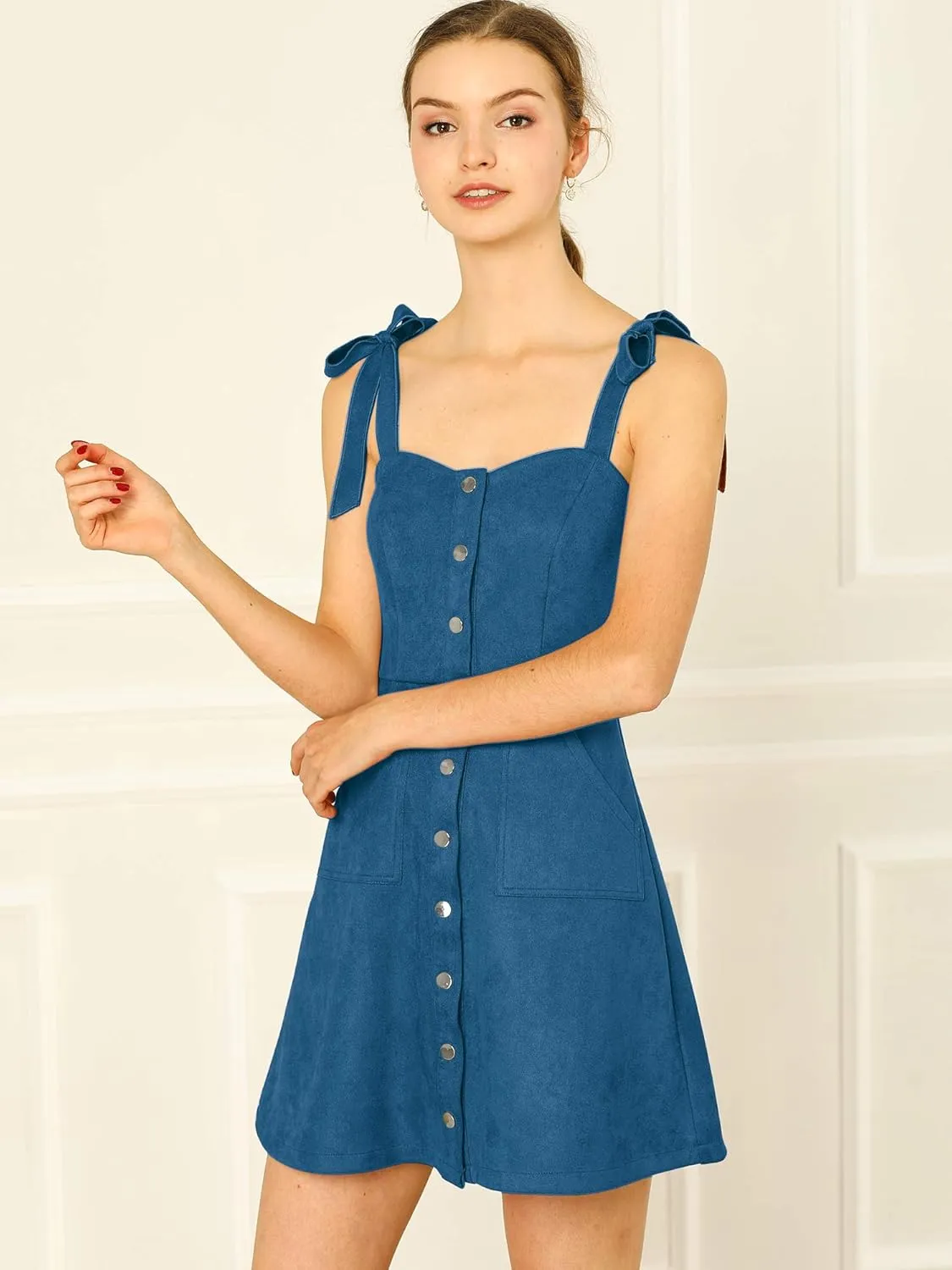 Allegra K Women's Casual Overall Dress Button Down Pockets Sleeveless Faux Suede Pinafore Dress
