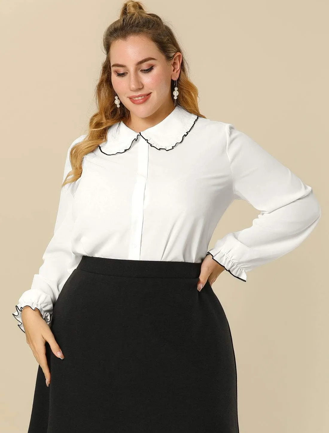 Allegra K Women's Long Sleeve Blouse Sweet Ruffle Peter Pan Collar Button Down Business Casual Work Shirt