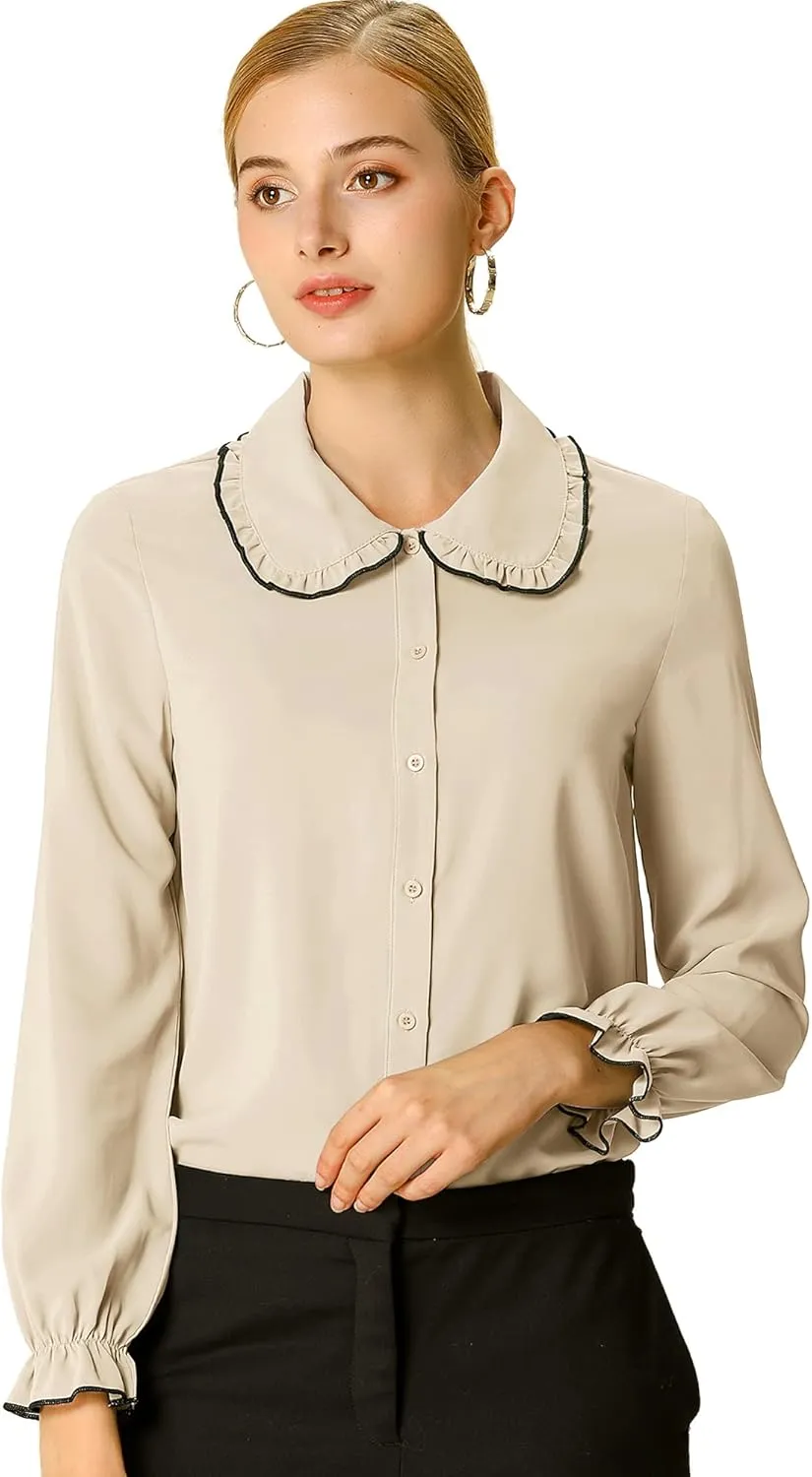 Allegra K Women's Long Sleeve Blouse Sweet Ruffle Peter Pan Collar Button Down Business Casual Work Shirt