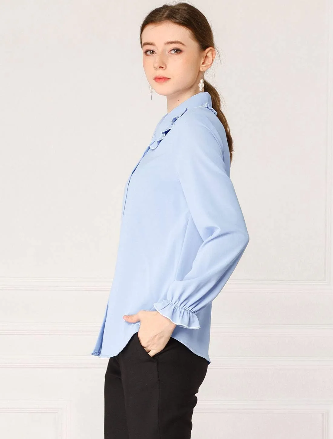 Allegra K Women's Long Sleeve Blouse Sweet Ruffle Peter Pan Collar Button Down Business Casual Work Shirt