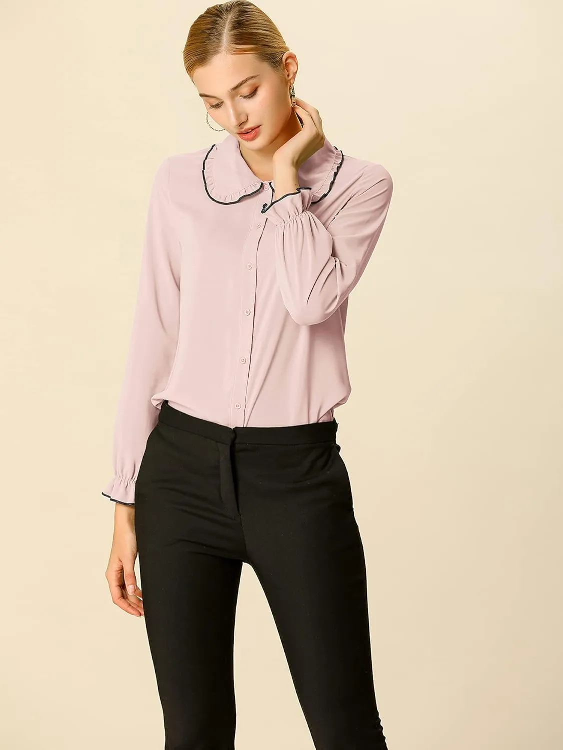 Allegra K Women's Long Sleeve Blouse Sweet Ruffle Peter Pan Collar Button Down Business Casual Work Shirt