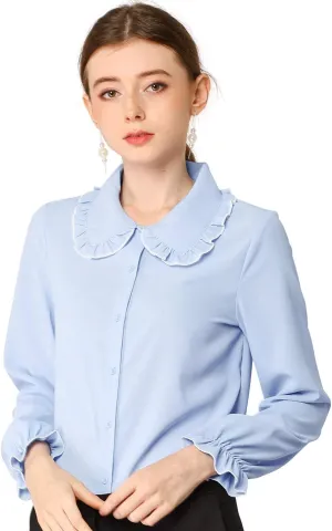 Allegra K Women's Long Sleeve Blouse Sweet Ruffle Peter Pan Collar Button Down Business Casual Work Shirt