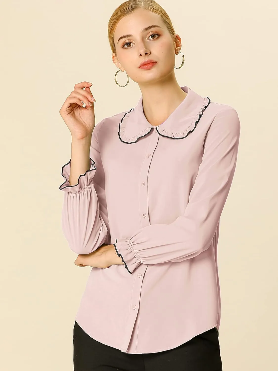 Allegra K Women's Long Sleeve Blouse Sweet Ruffle Peter Pan Collar Button Down Business Casual Work Shirt