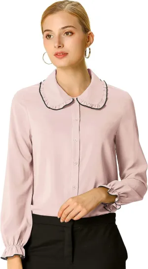 Allegra K Women's Long Sleeve Blouse Sweet Ruffle Peter Pan Collar Button Down Business Casual Work Shirt