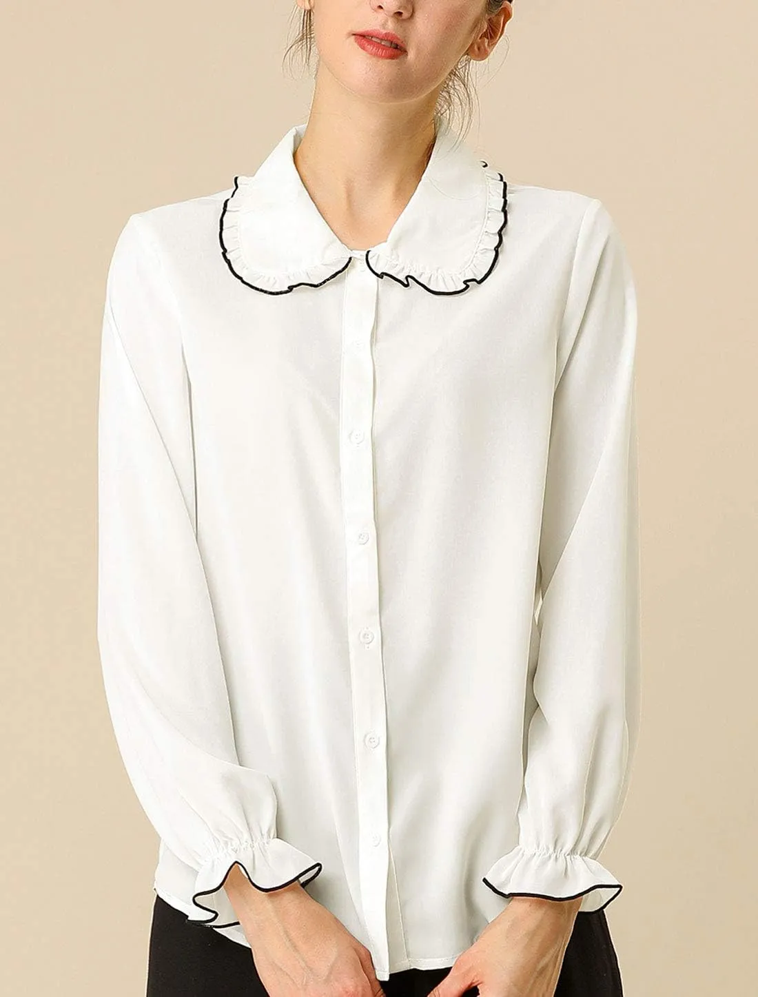 Allegra K Women's Long Sleeve Blouse Sweet Ruffle Peter Pan Collar Button Down Business Casual Work Shirt