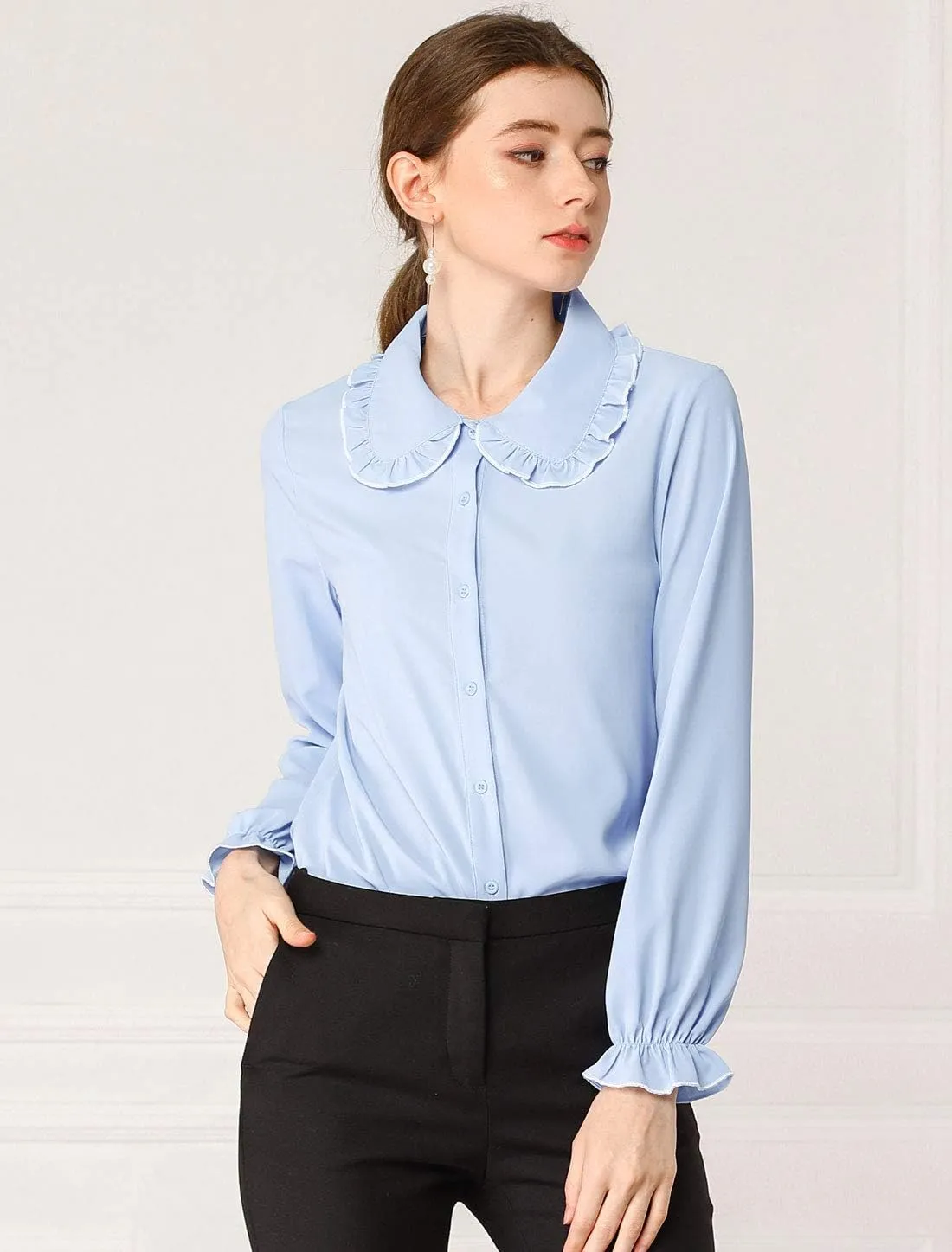 Allegra K Women's Long Sleeve Blouse Sweet Ruffle Peter Pan Collar Button Down Business Casual Work Shirt