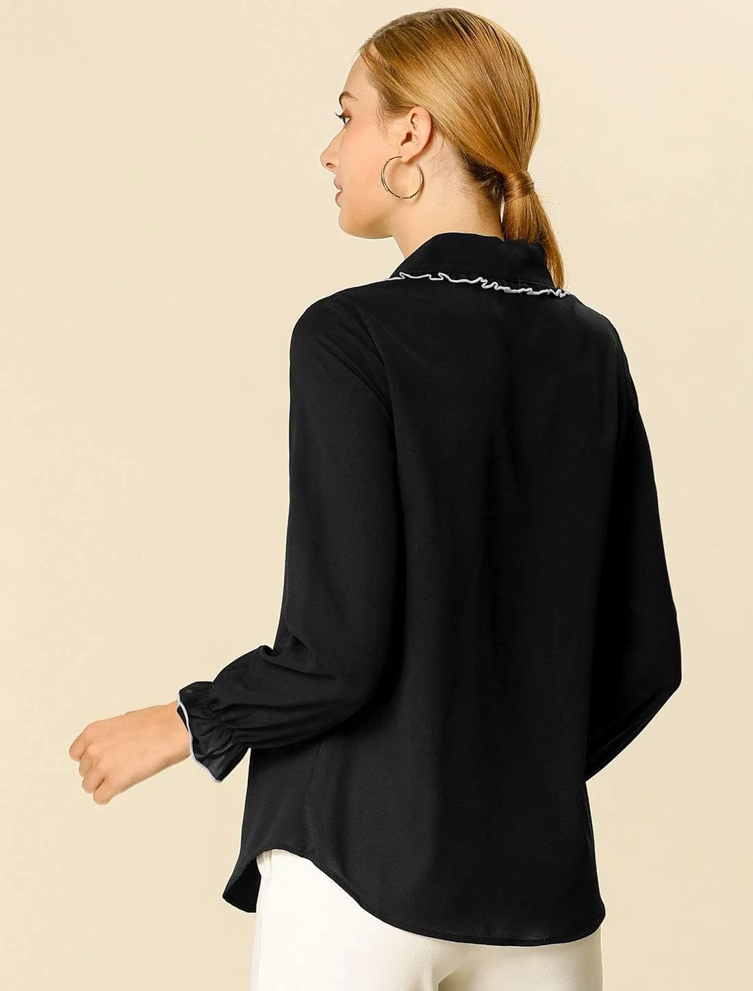 Allegra K Women's Long Sleeve Blouse Sweet Ruffle Peter Pan Collar Button Down Business Casual Work Shirt