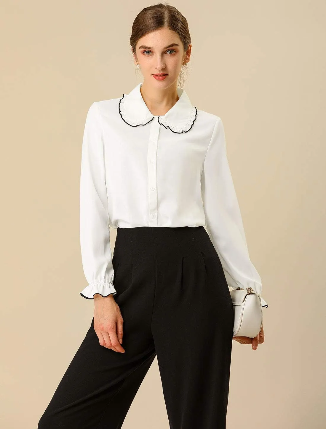 Allegra K Women's Long Sleeve Blouse Sweet Ruffle Peter Pan Collar Button Down Business Casual Work Shirt