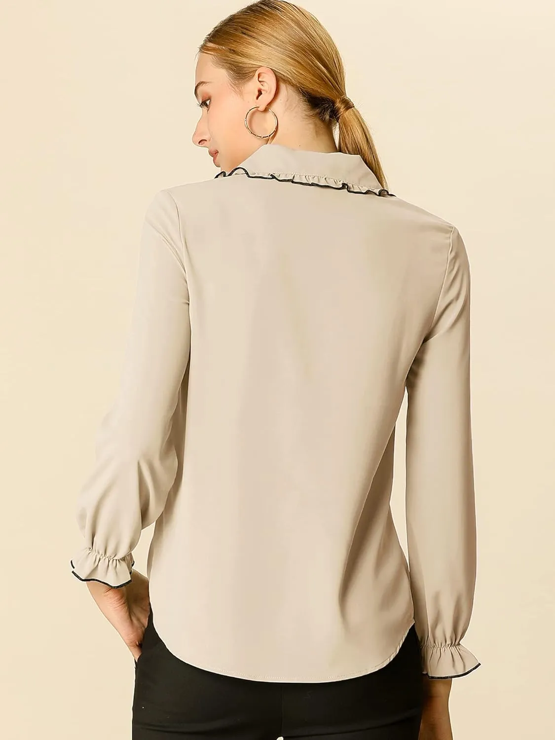 Allegra K Women's Long Sleeve Blouse Sweet Ruffle Peter Pan Collar Button Down Business Casual Work Shirt