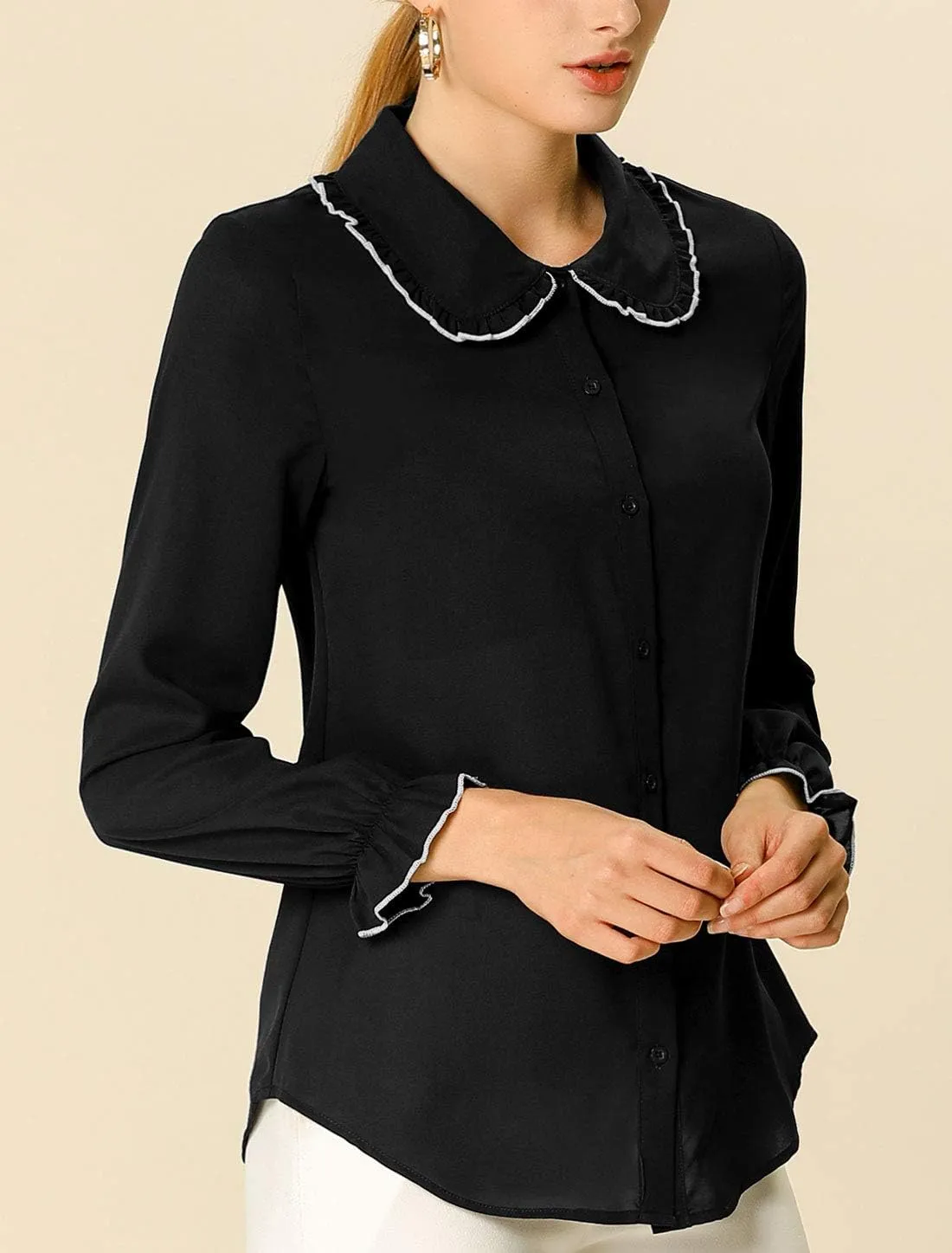 Allegra K Women's Long Sleeve Blouse Sweet Ruffle Peter Pan Collar Button Down Business Casual Work Shirt