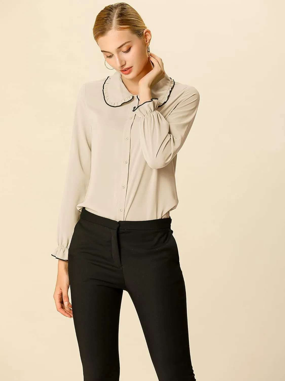Allegra K Women's Long Sleeve Blouse Sweet Ruffle Peter Pan Collar Button Down Business Casual Work Shirt