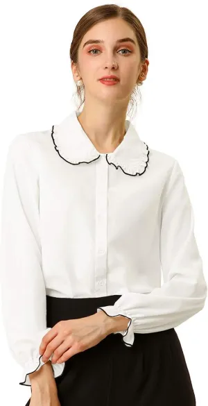 Allegra K Women's Long Sleeve Blouse Sweet Ruffle Peter Pan Collar Button Down Business Casual Work Shirt