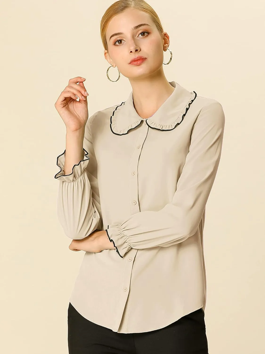 Allegra K Women's Long Sleeve Blouse Sweet Ruffle Peter Pan Collar Button Down Business Casual Work Shirt