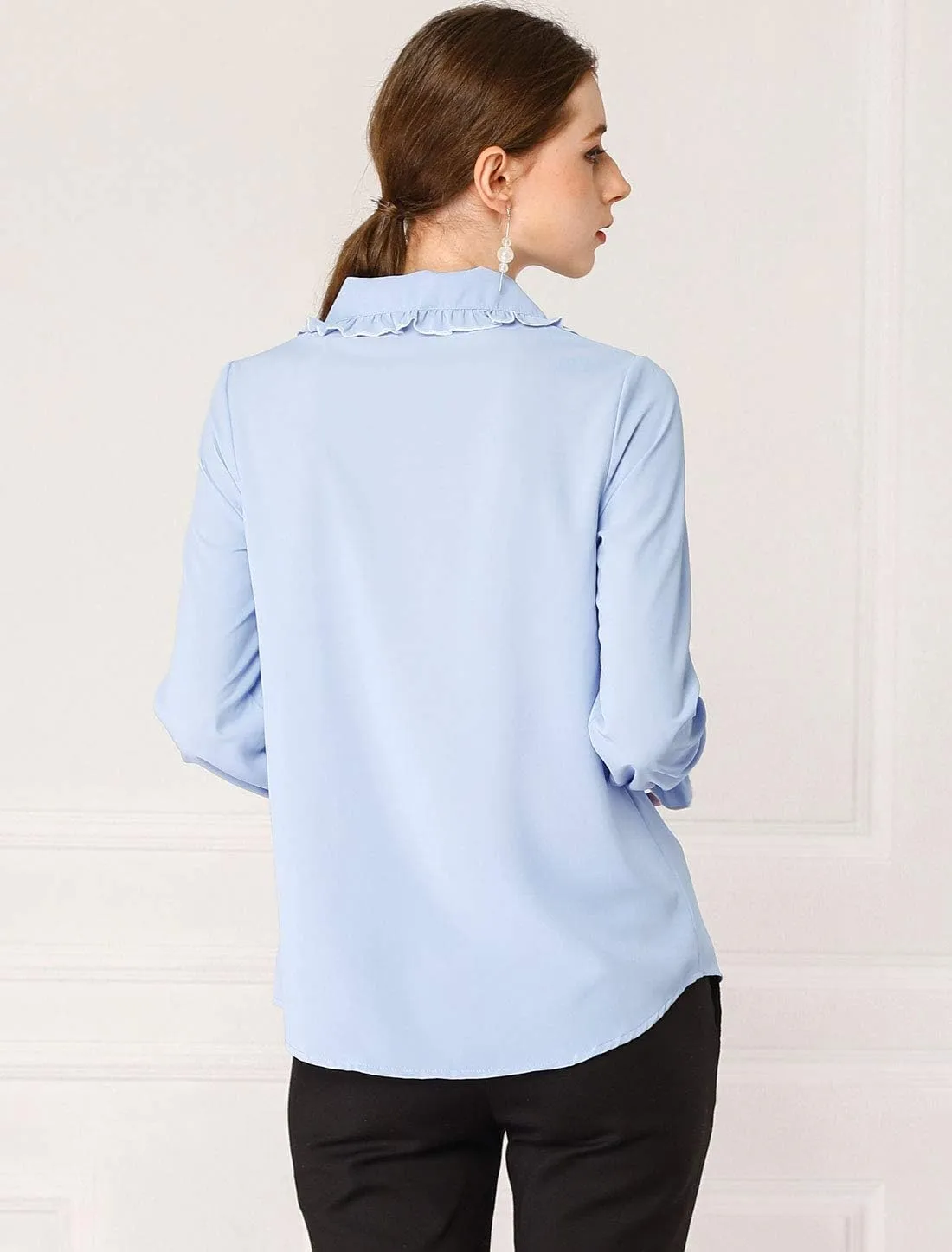 Allegra K Women's Long Sleeve Blouse Sweet Ruffle Peter Pan Collar Button Down Business Casual Work Shirt