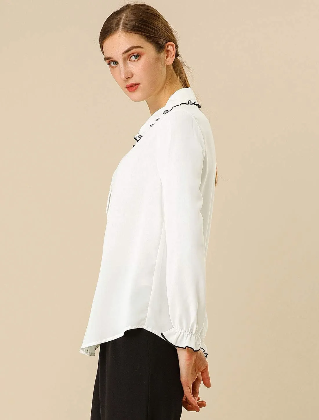 Allegra K Women's Long Sleeve Blouse Sweet Ruffle Peter Pan Collar Button Down Business Casual Work Shirt