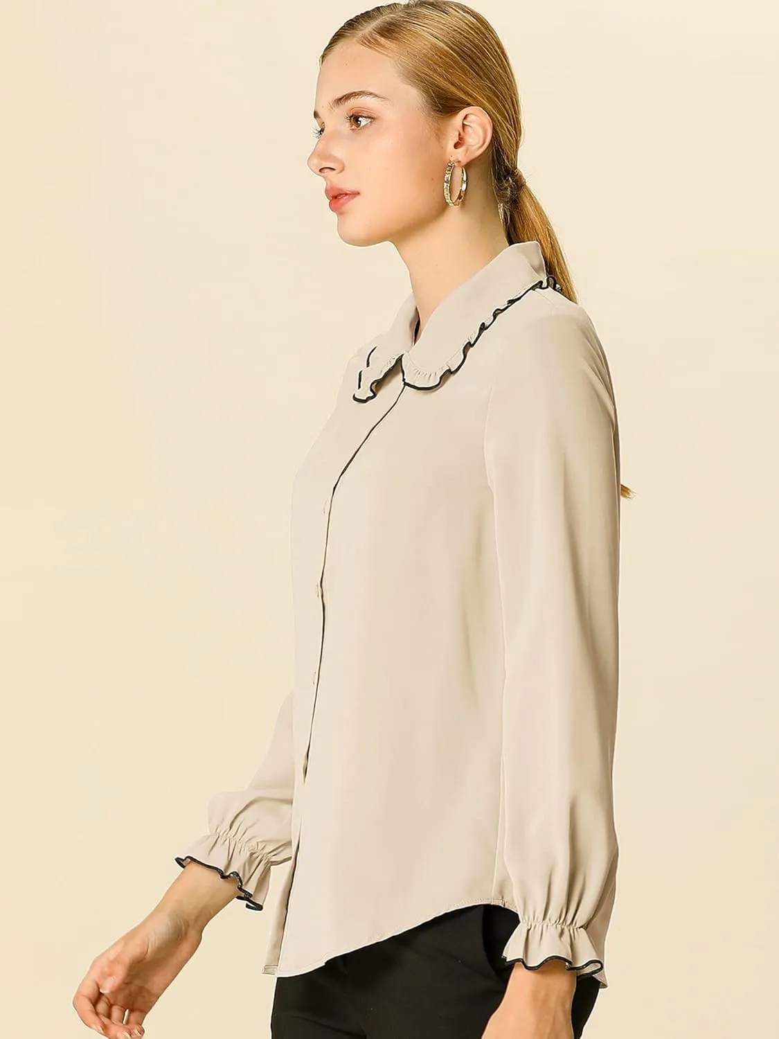 Allegra K Women's Long Sleeve Blouse Sweet Ruffle Peter Pan Collar Button Down Business Casual Work Shirt