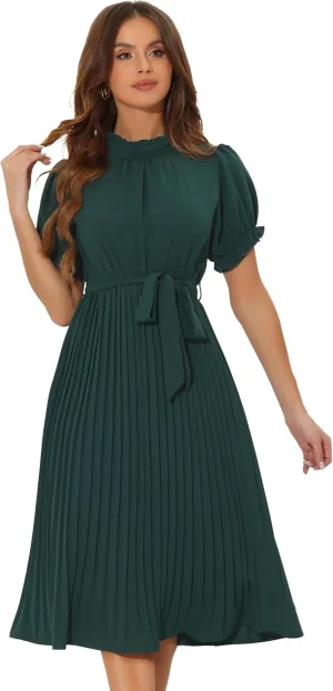 Allegra K Women's Summer Pleated Midi Dress Casual Ruffled Neck Short Sleeve Belted A-Line Flowy Dresses