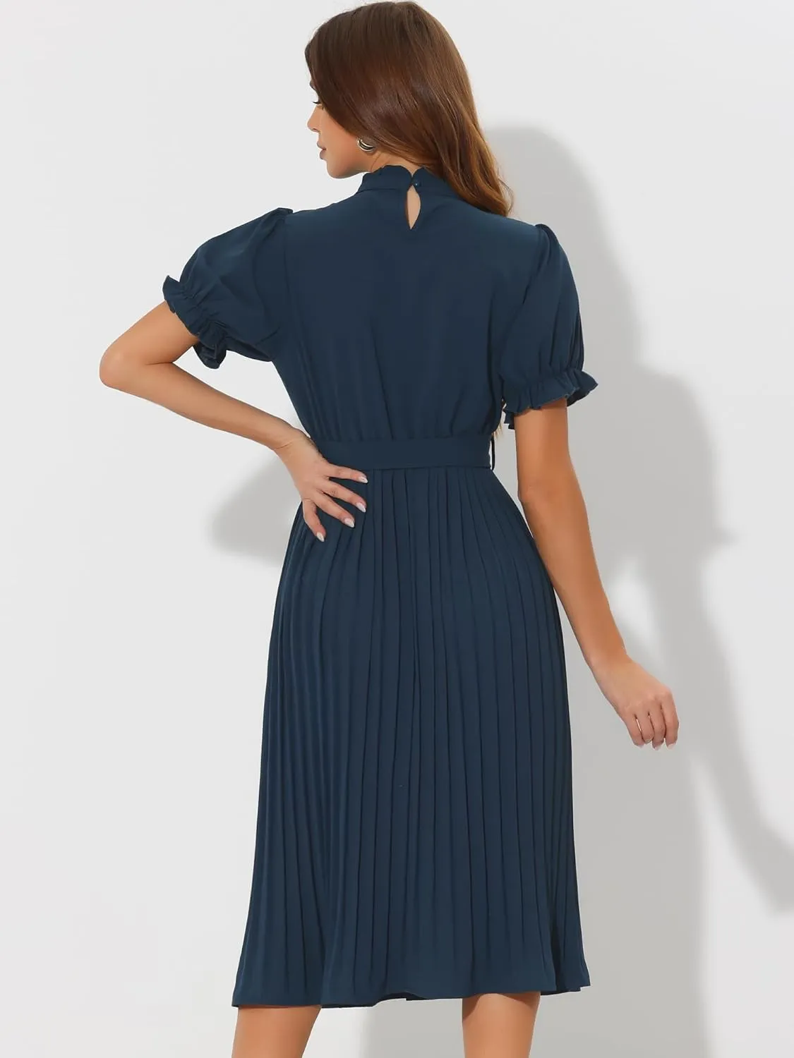Allegra K Women's Summer Pleated Midi Dress Casual Ruffled Neck Short Sleeve Belted A-Line Flowy Dresses