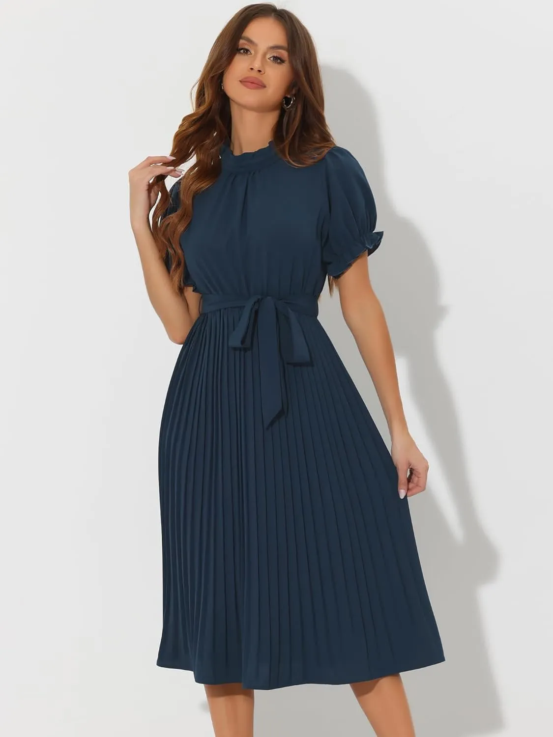 Allegra K Women's Summer Pleated Midi Dress Casual Ruffled Neck Short Sleeve Belted A-Line Flowy Dresses